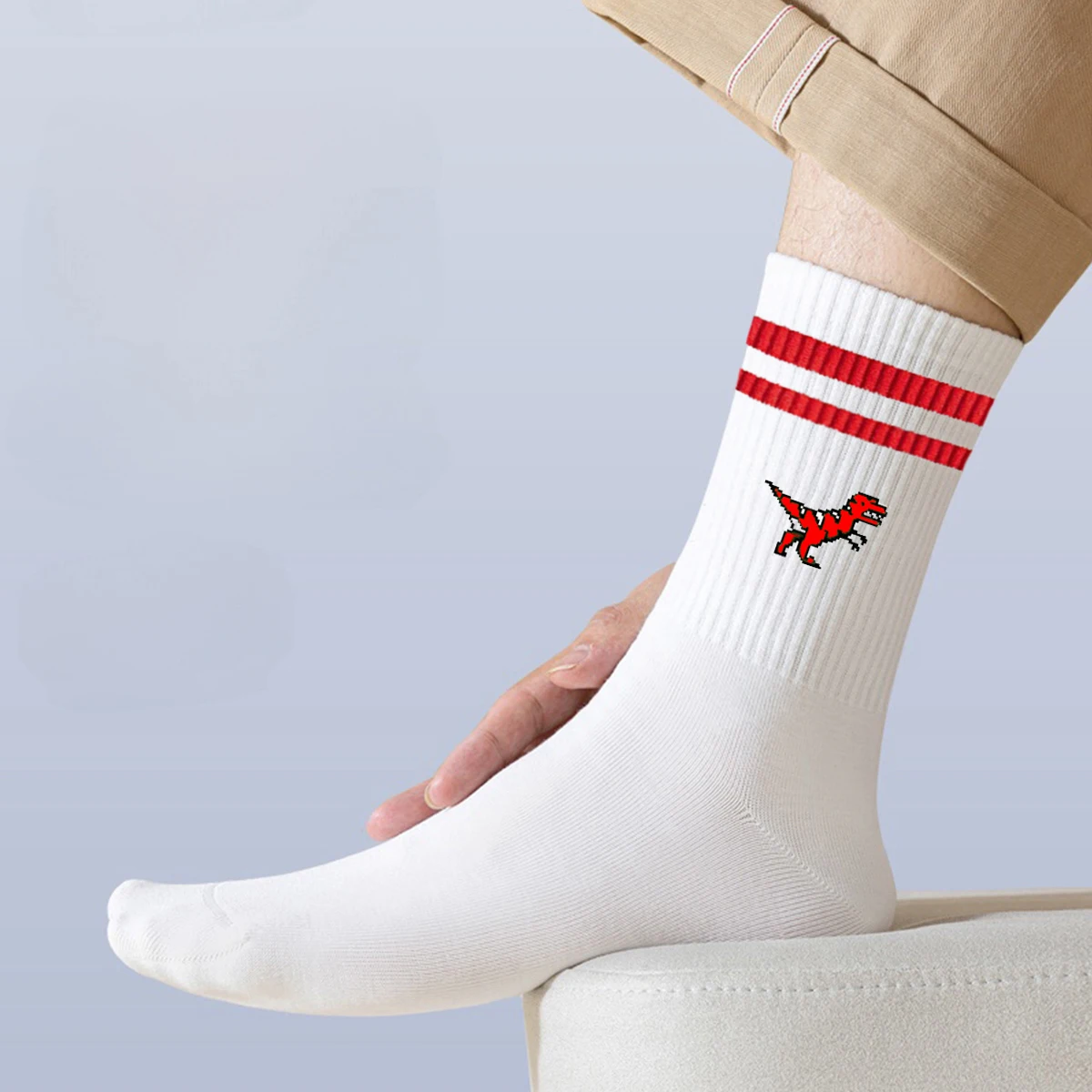 Multiple Pairs of Men\'s Crew Socks with Dinosaur Patterns, White, Unique, Comfortable, Breathable, Moisture-Wicking