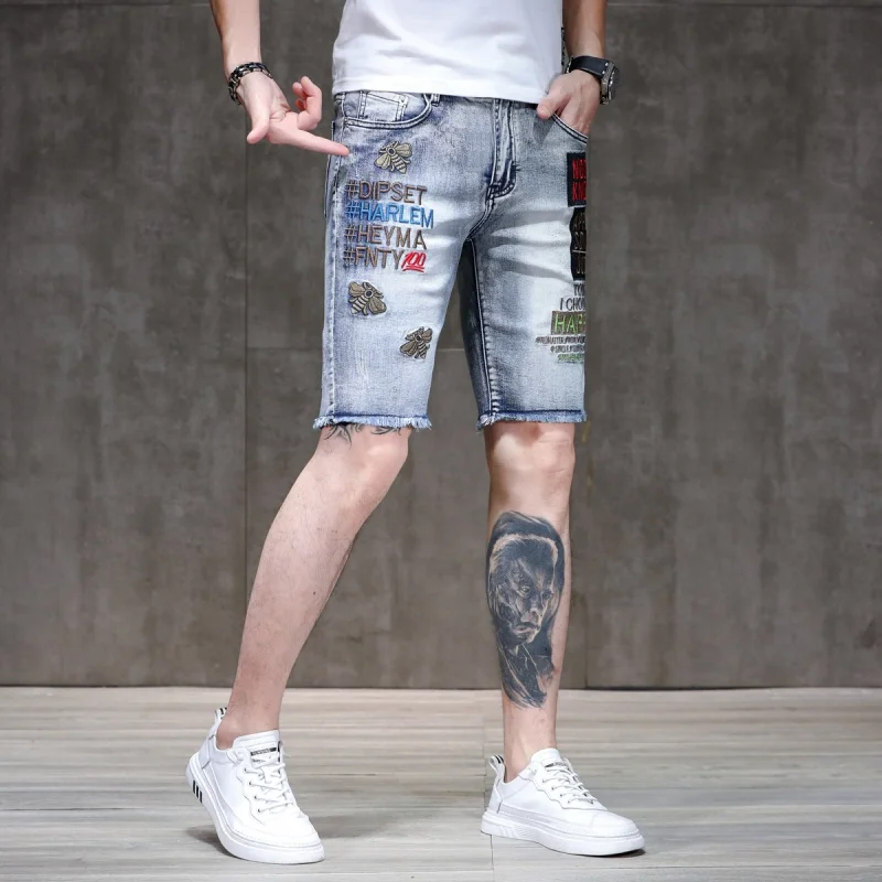 Summer Slim fit MEN'S denim shorts with trendy embroidery and trendy brand holes casual straight leg blue fashionable knee jeans