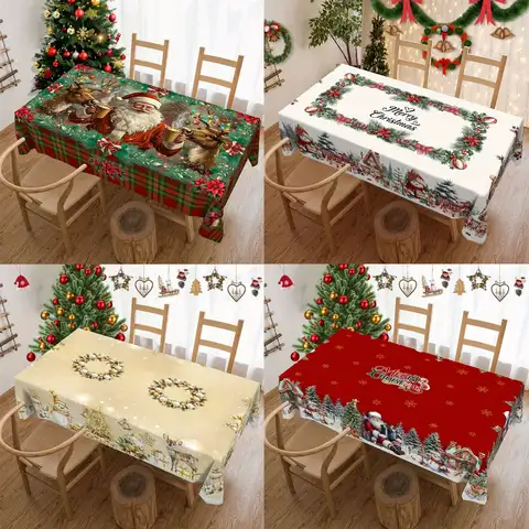 Christmas Red Tablecloth Santa Claus Xmas Tree Pattern Holiday Family Living Room Dinging Table Cloth Party Decoration Washable