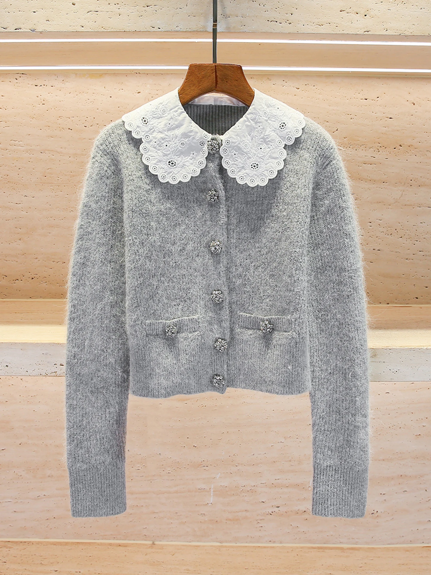 

Sweet Embroidered Doll Collar Knitted Sweater Coat for Women Mid-Length Casual Style Long Sleeve Winter Fashion Commute