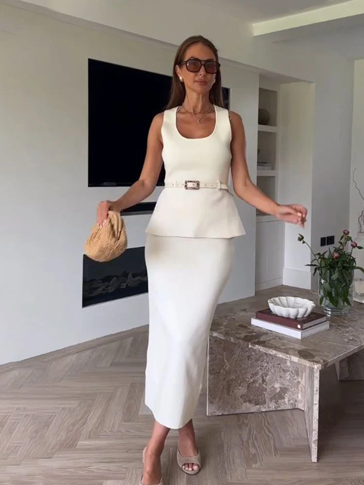 

HH Women's Fashion Solid Crew Neck Belt Decoration Knitted Vest Sleeveless Top+Chic Elastic Waist Hem Slit Midi Skirt Suit