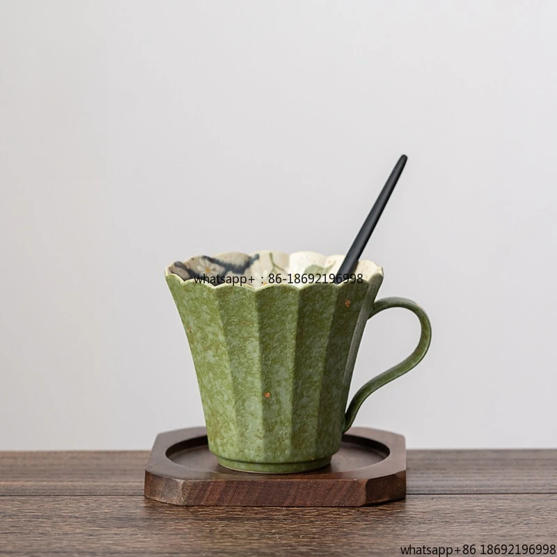 Yanxiangfang Chinese Retro Ceramic Coffee Cup Green Petal Edge Hand-painted Household Mug Underglaze Color