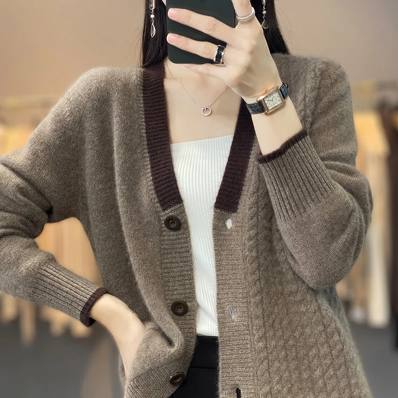 Korean V-Neck 100% Pure Wool Knitted Cardigan Jacket Women\'s 2023 Autumn Winter New Loose Thicken Warm Cashmere Sweater Coat Top