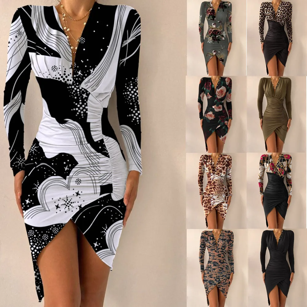 

2024 Spring New Long-sleeved V-neck Printed Tight Slit Hip-hugging Waist Sexy Dress Casual And Elegant Cocktail Party Dress