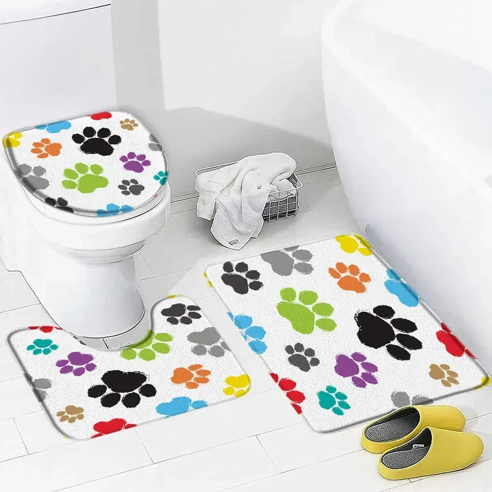 Animal Footprint Bath Mat Set Funny Cat Dog Pattern Print Children Home Carpet Kids Bathroom Decor Non-Slip Rug Toilet Lid Cover