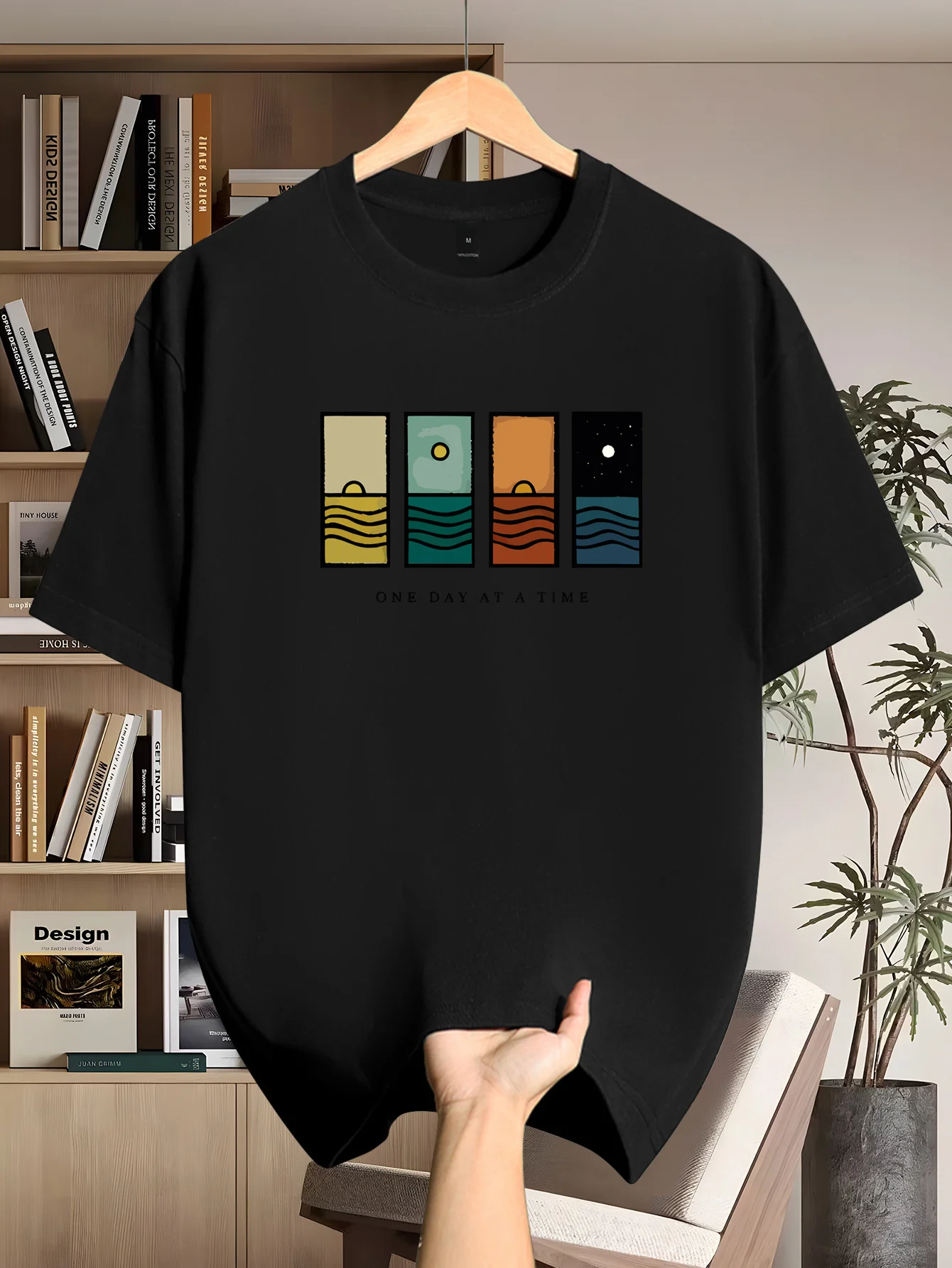 Men's fashionable new simple sunset pattern printed T-shirt, 100% cotton, casual and loose short-sleeved trendy top
