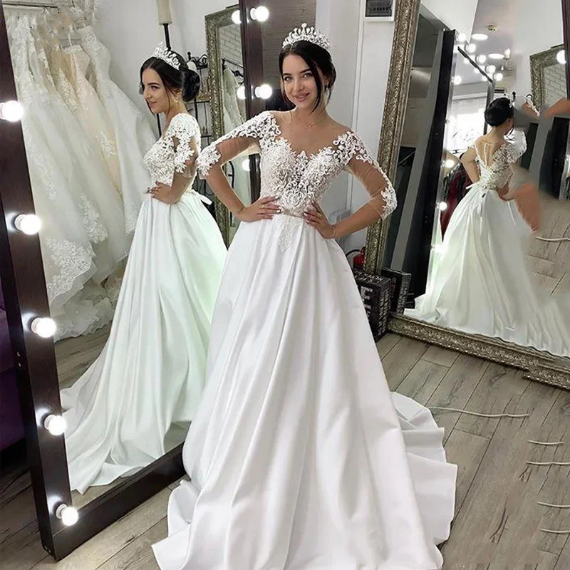 

MYYBLE Satin Wedding Dresses Half Sleeve Lace Bride Gown With Appliques Wedding Gown Vestido de novia 2020 Corset Wedding Gown