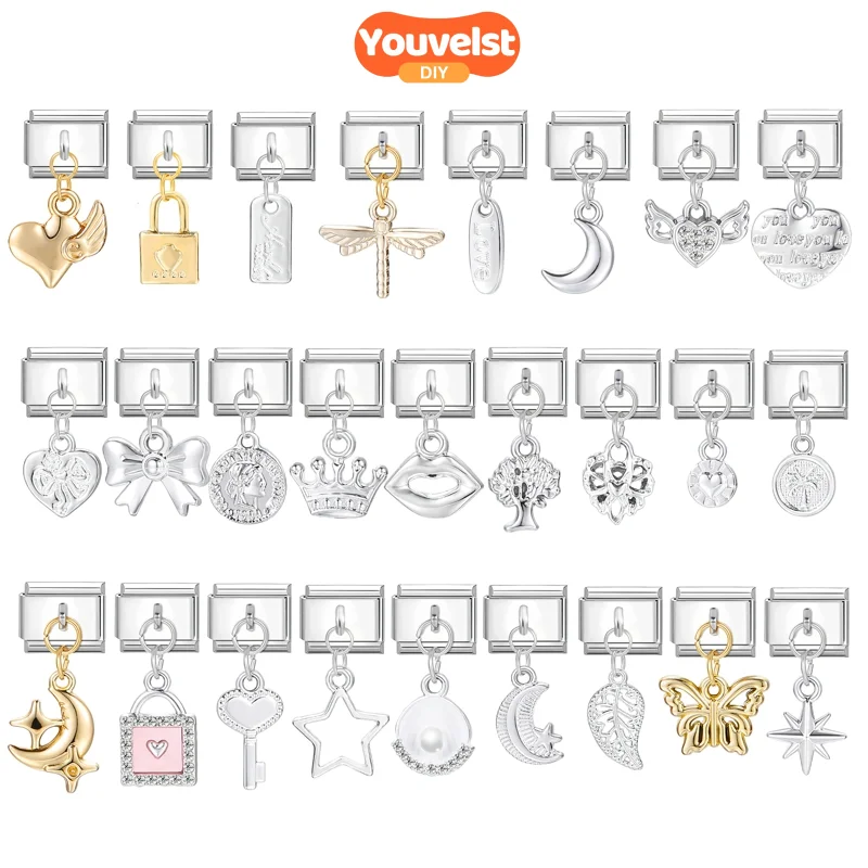 Y2k Charm Butterfly Wings Love Moon Crown Italian Charm Links Fit 9mm Bracelet Stainless Steel DIY Jewelry Making Birthday Gift