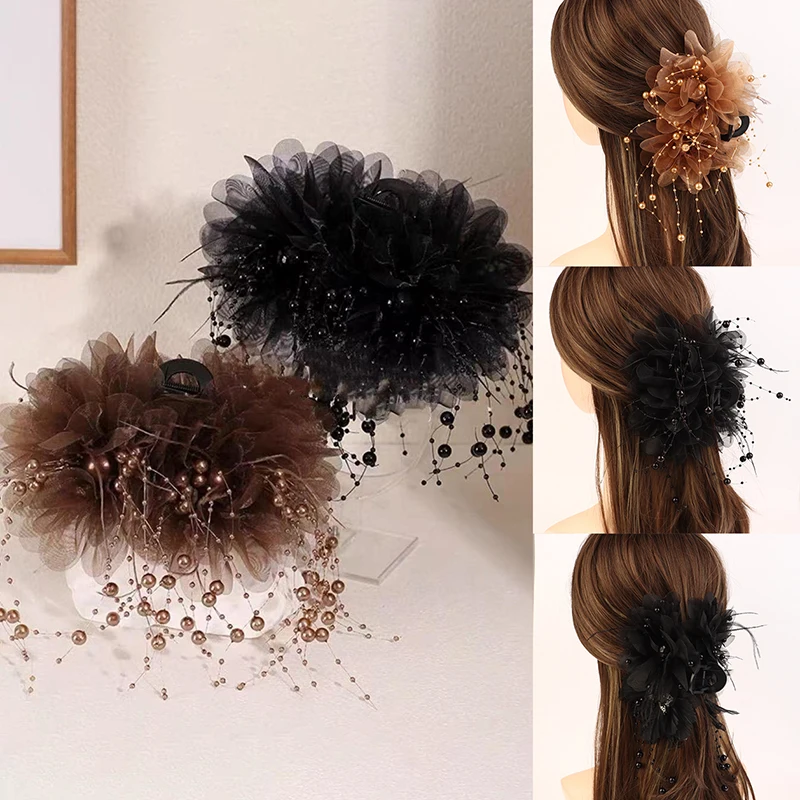 Pinza para el pelo de flor de peonía elegante coreana, pinza para el pelo con borla de perlas a la moda, Clips de tiburón para mujeres y niñas, accesorios para el cabello con temperamento