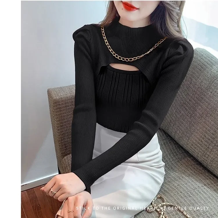 ハーフハイネック中空ニットセーター女性のセーターバブルスリーブ付き新しいファッショナブルで多用途なチェーンセクシーな長袖