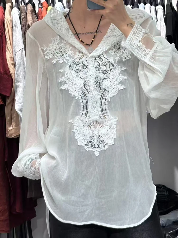 Women's lace splicing silk blouse, water-soluble flower embroidery blouse, sunscreen hooded shirt, 100% Mulberry Silk, 2025, New