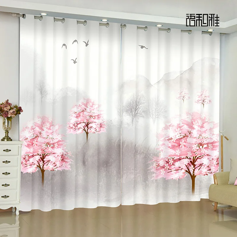 New Chinese Landscape Scenery Spring Garden Curtains Peach Blossom Curtains Classical Living Room Bedroom Hotel Balcony Window