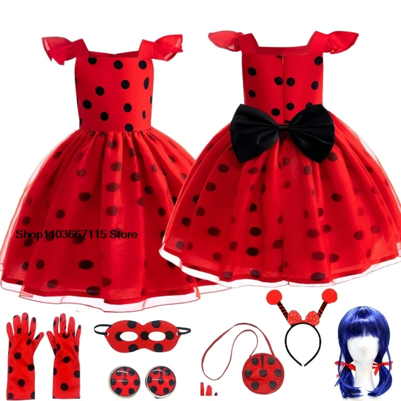 Christmas Child Bug Costume for Girls-Red Dress Halloween Mask Bag Easter Marinette Cosplay Costumes Party Little Beetle Suits