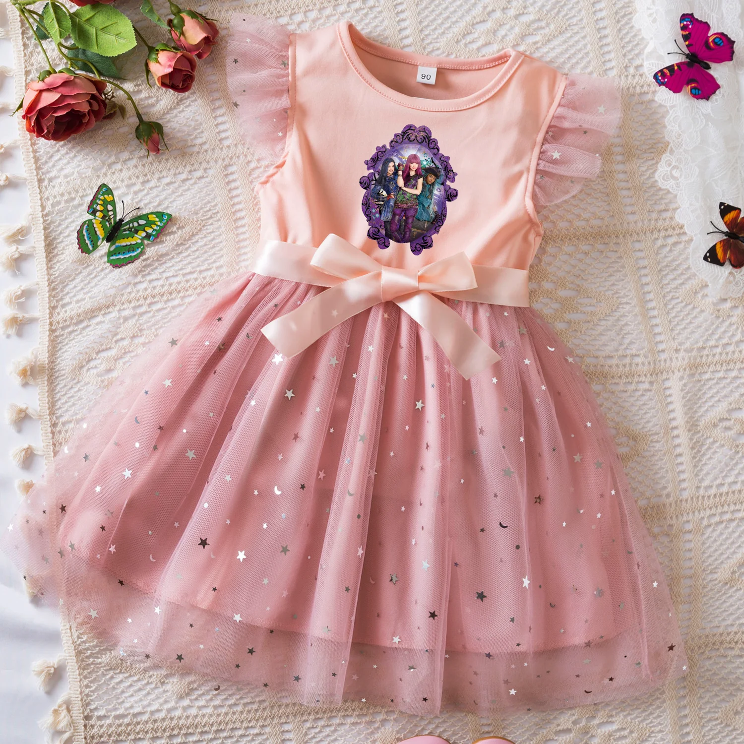 Descendants Sweet Girls Summer Clothes Flying Sleeves Bow Sequin Dress 2-6Y Kid Birthday Tutu Princess Dress for Baby Girl