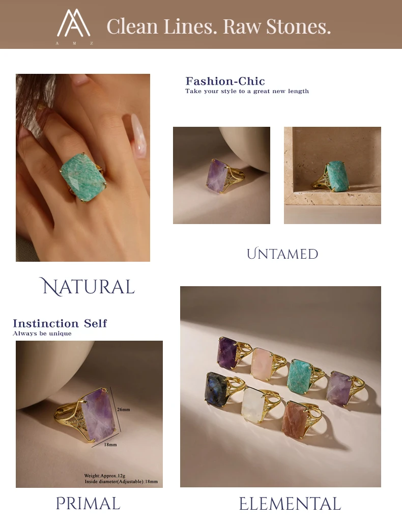 Natürlicher Sonnenstein-Ring für Frauen Großer Rechteckiger Amethyst Rosenquarz-Ring Verzierter Vergoldeter Boho Spiritueller Schmuck Geschenk – Detail 1