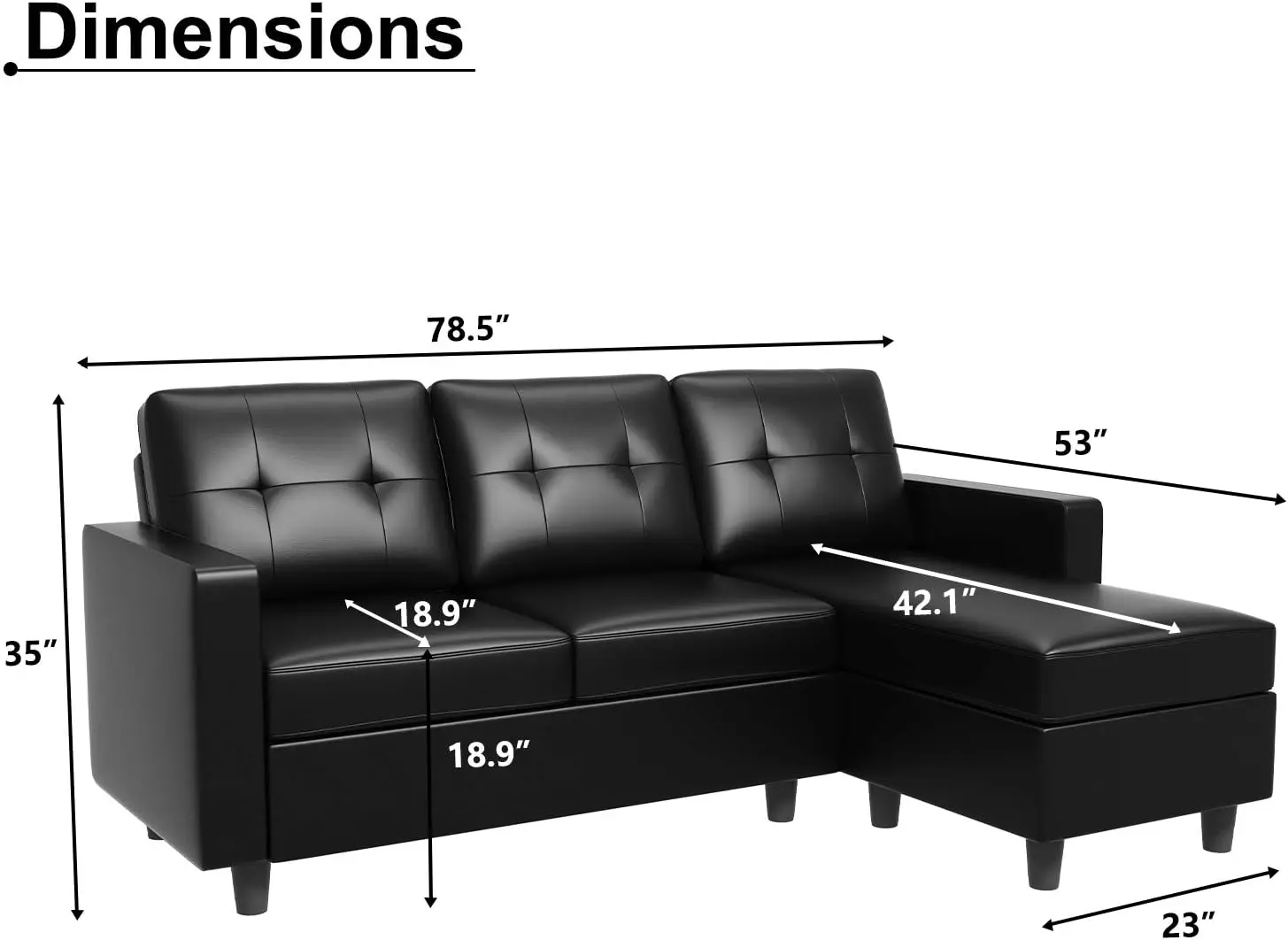 HONBAY Faux Leather Sectional Sofa Convertible L Shape Couch for Small Space, Black