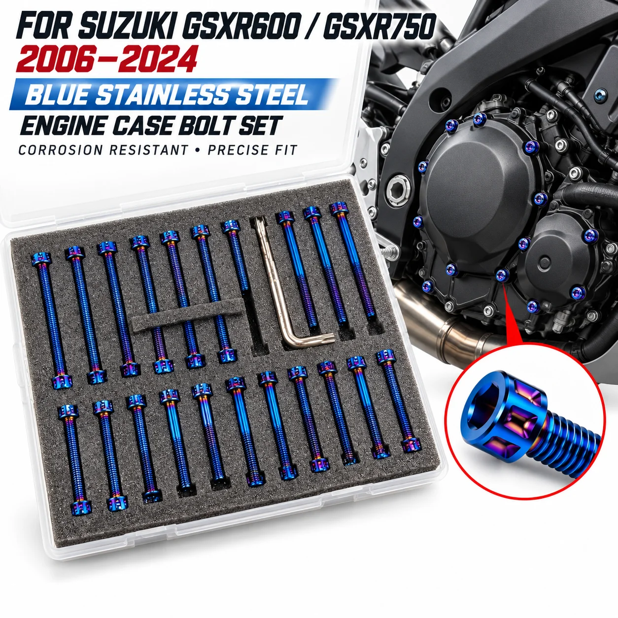 For Suzuki GSXR600 750 2006-2024 Motorcycle Engine Case Bolt Screw Set Blue Stainless Steel Fastener Accessories Kit
