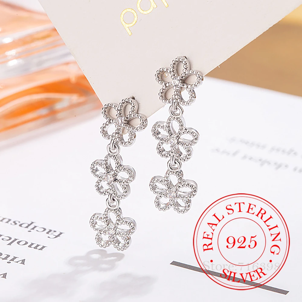

925 Sterling Silver Long Tassel Flower Stud Earrings For Women Kids Wedding Party Jewelry Gift Female Pendientes