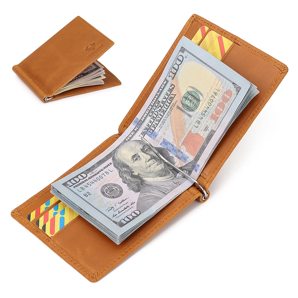 Mens Slim Wallet with Money Clip Thin Bifold Genuine Leather Front Pocket RFID Blocking Card Holder Minimalist Male Cash Holder