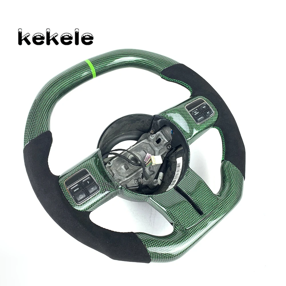 Customizable Flat Sports Style Green Carbon Fiber and Black Suede Leather Steering Wheel Jeep Wrangler Support