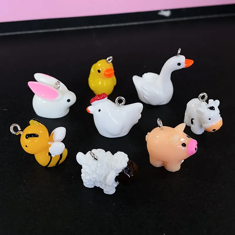 10pcs Farm Animal Family Resin Charms Duck Chicken Rabbit Bee Cow Sheep Earring Keychain Pendant Accessory DIY Cute Jewelry Make