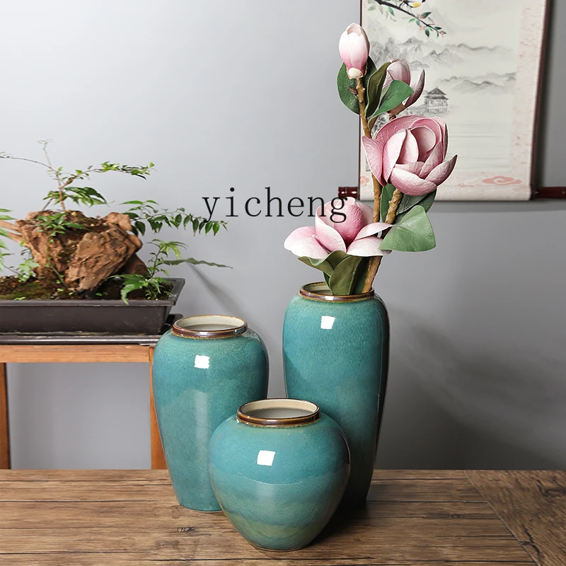 

TQH Modern New Chinese Style Flower Arrangement Zen Living Room Entrance Decoration Three-Piece Set Green Apple Vase