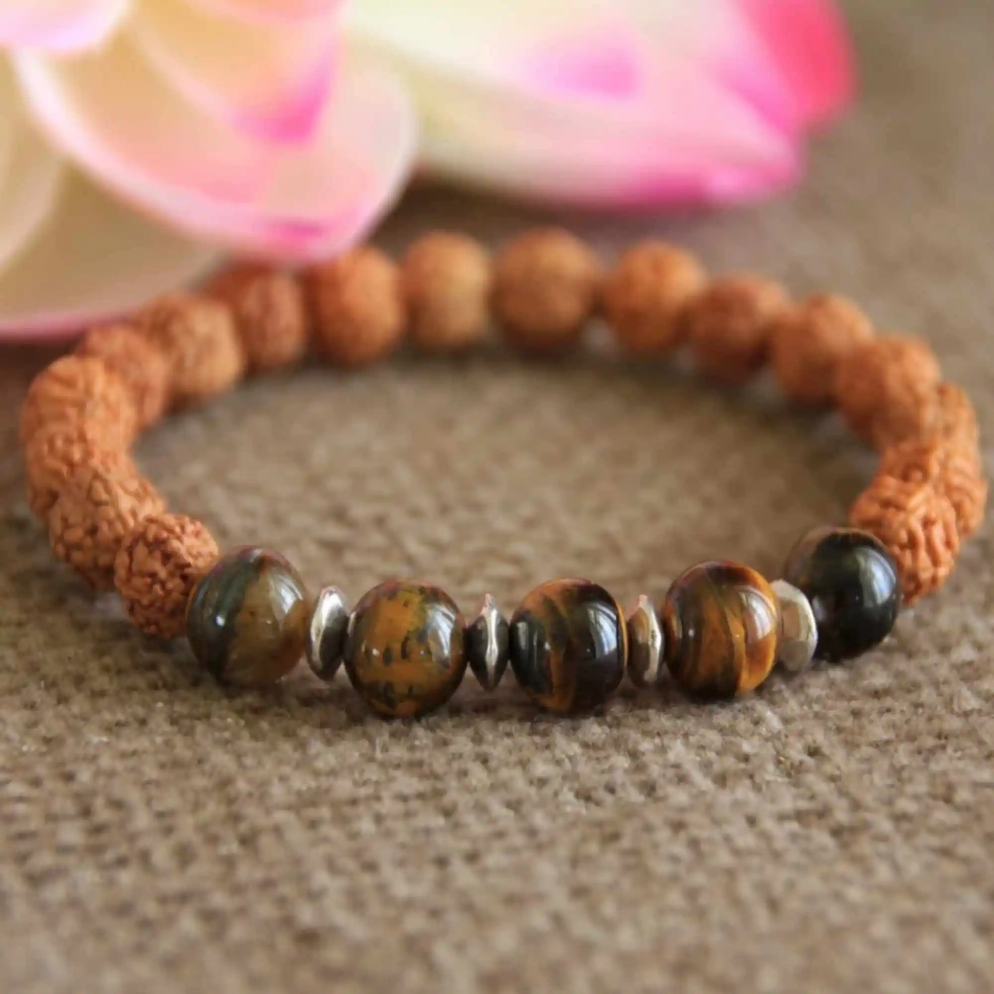 8mm Natural Tiger's Eye Rudraksha gemstone beads Bracelet Jasper Bless Restore Seven Chakras Yoga Handmade Christmas Taseel