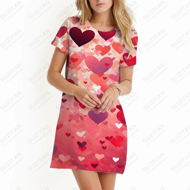 

Short Sleeve Basic Women's Dress Colorful Love 3D Printing Short Sleeve Dress Loose Versatile Dress Office Ladies Work Dress