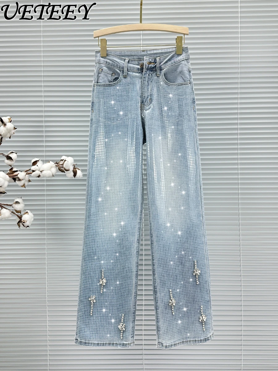 

Oversized Jeans Women Heavy Industry Sequined Diamond Denim Trousers Mop Pants Summer New High Waist Loose Wide Leg Pants Street