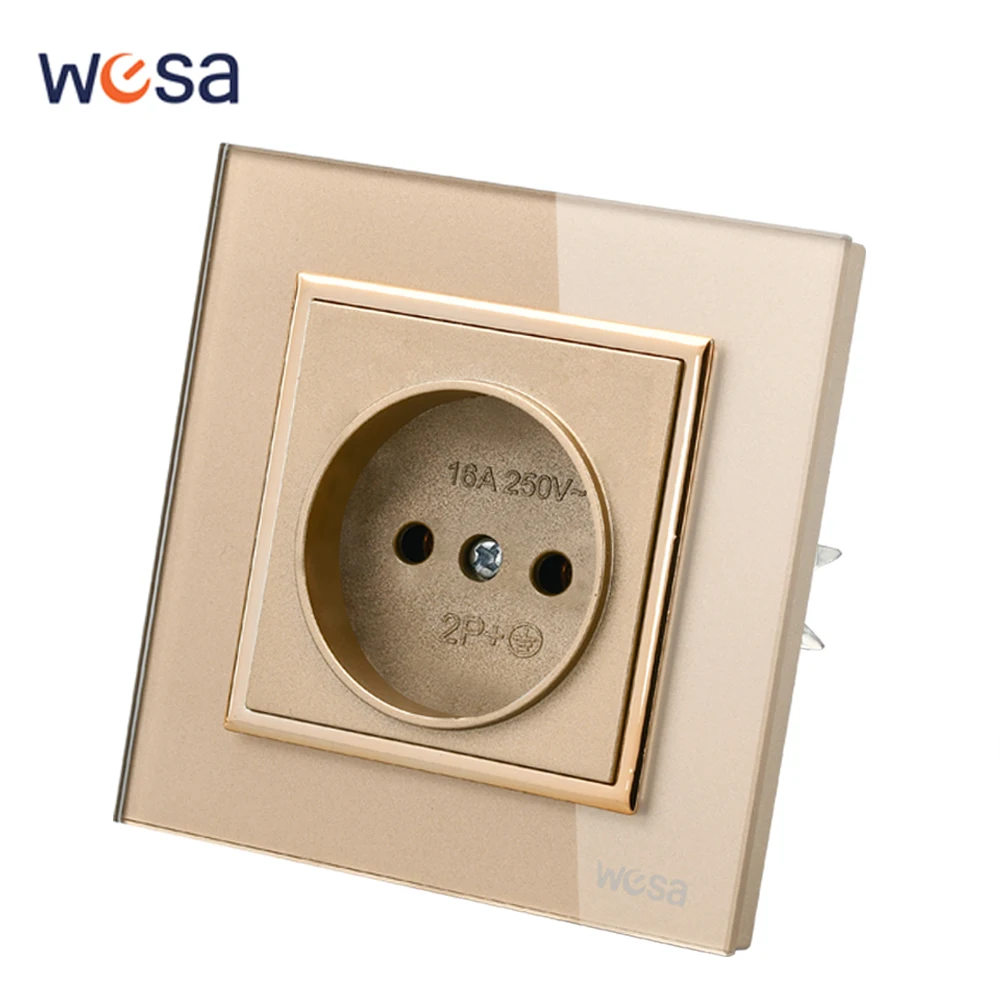 WESA Luxury Crystal Tempered Glass Panel Gold Wall Socket Flame Retardant EU Standard Power Socket Electrical Outlet No Ground