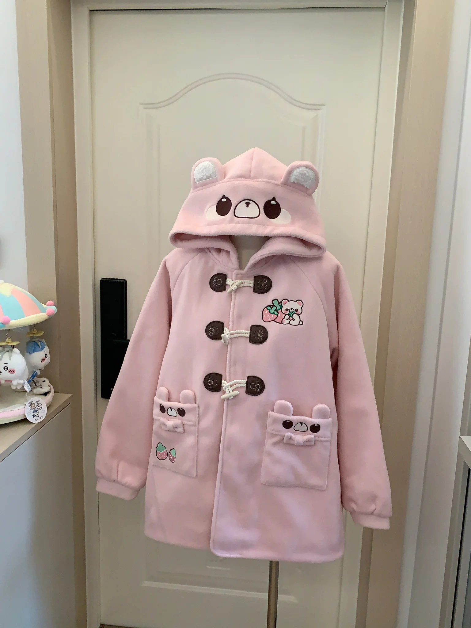 Original Cute Girl's Bear Embroidery Long Jacket Autumn Winter New Student Y2K Horn Button Hooded Jacket Daughter Kawaii Coat