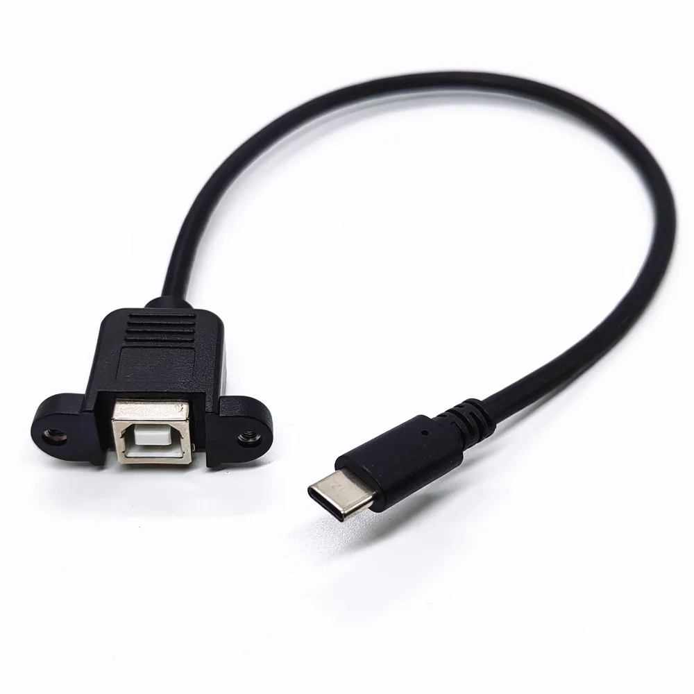 0.3m USB 2.0 B Female to Type-C 3.1 Male Cable for Scanner, Printer, Computer Case Panel Installation With Screw Hole Connector