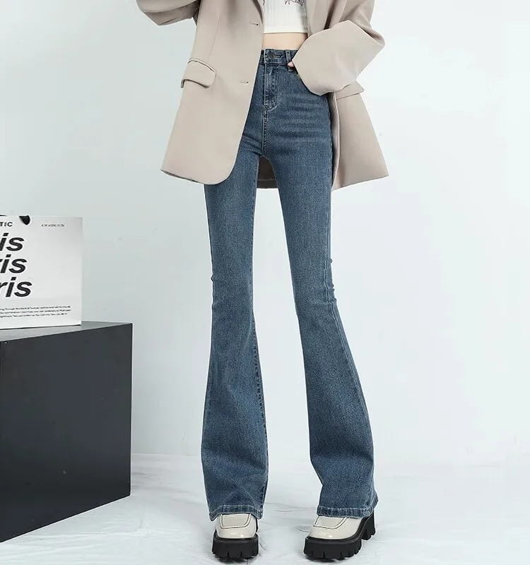 American Style Retro High Waist Bell Bottom Jeans Women's Spring Autumn New Slimming Small Size Elastic Bell Pants