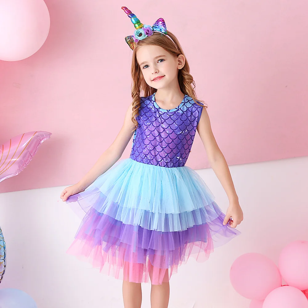 

VIKITA Kids Tutu Dresses Girls Mermaid Print Sleeveless Summer Dress Girls Party Princess Prom Gown Mesh Tulle Layered Dress