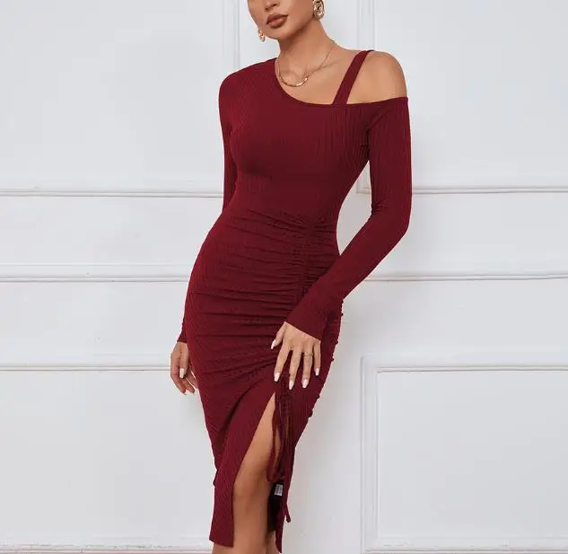 

2026 Autumn/Winter Women's Split Shoulder Hip Wrap Long Sleeve Sexy Dress Temperament Female Fashion Slimming Dresses
