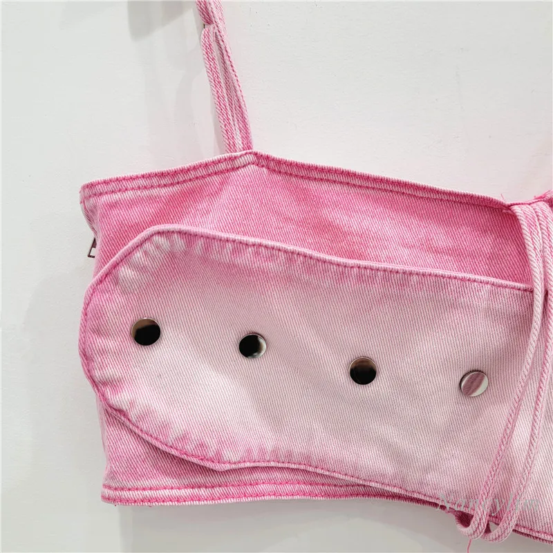 American-Style Retro Pink Wash Denim Belt Style Strap Tube Top Women's Summer Sexy Hot Girl Crop Top Street Camisole