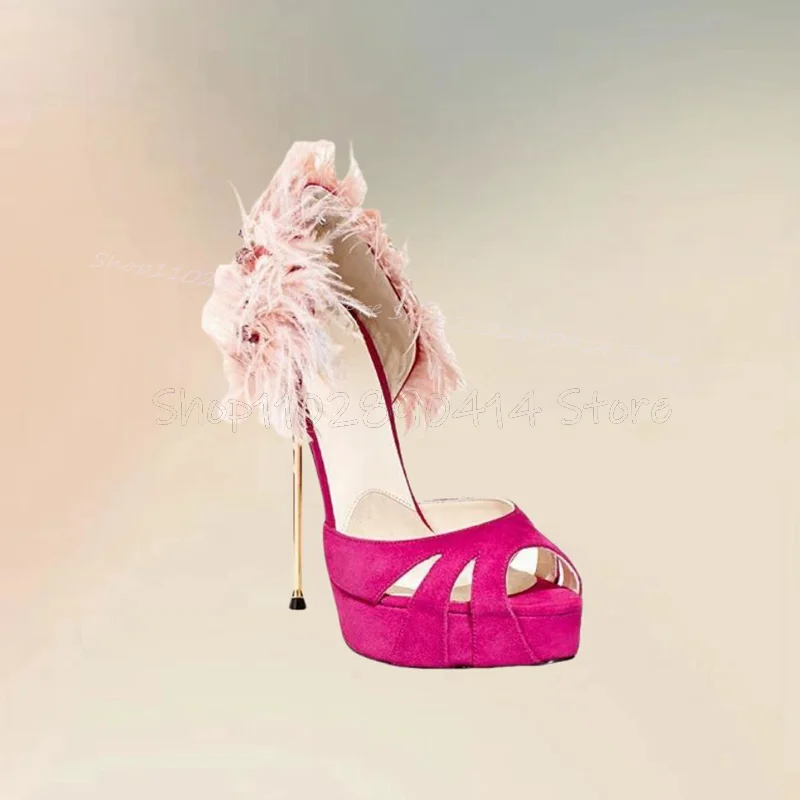 Pink Feather Decor Rose Red Peep Toe Platform Pumps Slip On Women Shoes Thin High Heels Fashion Party 2024 Zapatos Para Mujere