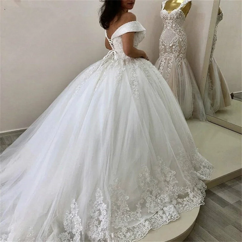 تخصيص الخرز الكلاسيكي قبالة الكتف ثوب الزفاف للعروس Vestido De Noiva Ballgown الدانتيل يزين زي العرائس #2