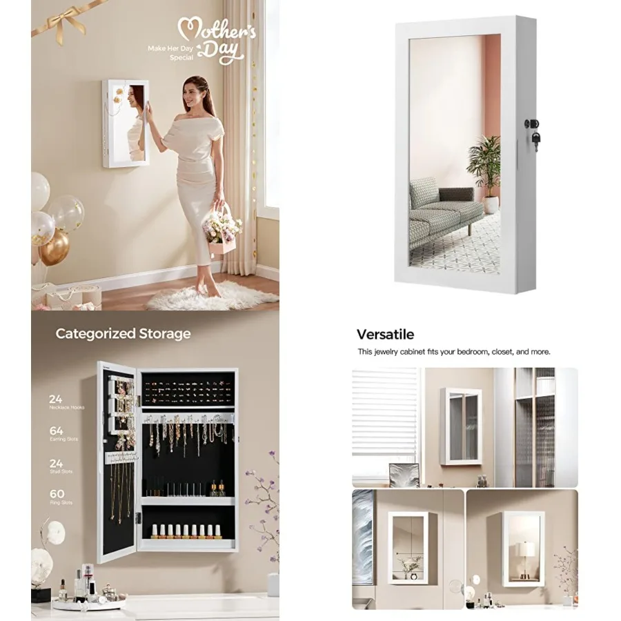 

Lockable Jewelry Cabinet Armoire with Mirror, Wall-Mounted Space Saving Jewelry Storage Organizer, White