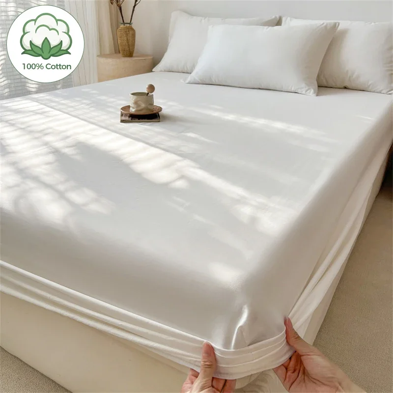 High Quality 100% Cotton Fitted Sheet Minimalist Style Solid Color Mattress Cover with Deep Pockets Queen King Size Bed Sheets