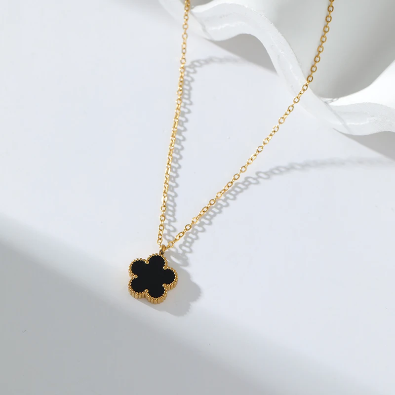 GANEMLY 316L Stainless Steel Five-Leaf Clover Pendant Necklace For Women Fashion Flower Dangle Neck Chain Waterproof Jewelry