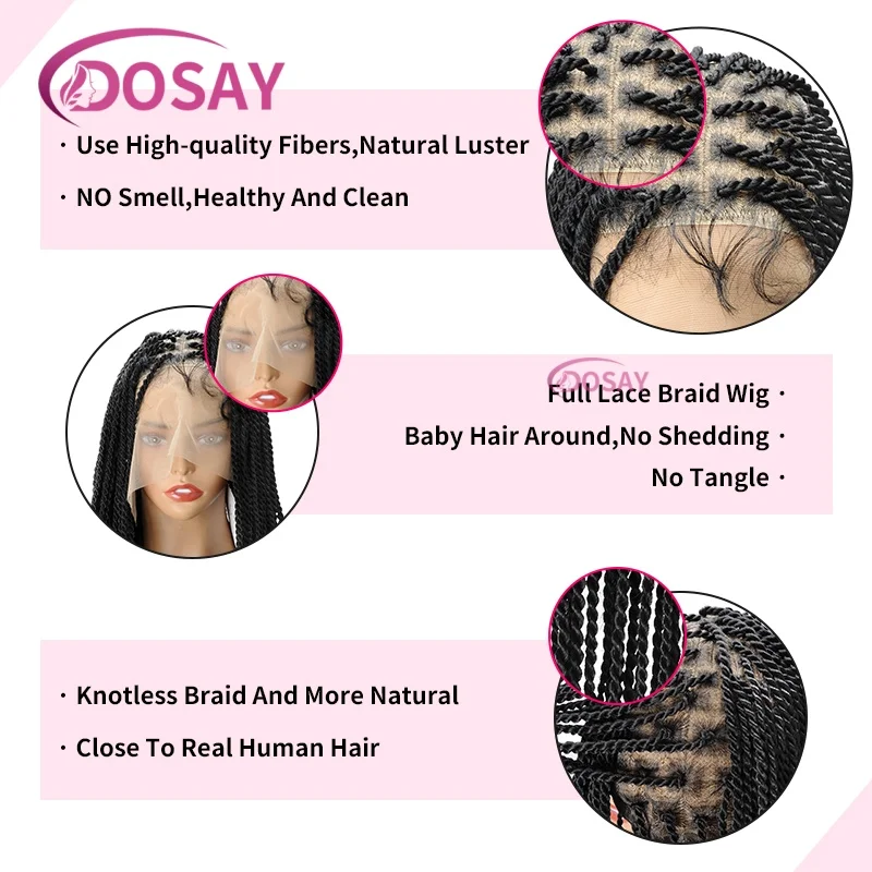 باروكة سنغالية سوداء اللون، باروكة صناعية بدانتيل أمامي للنساء، ضفائر صندوقية بدون عقد مع شعر أطفال