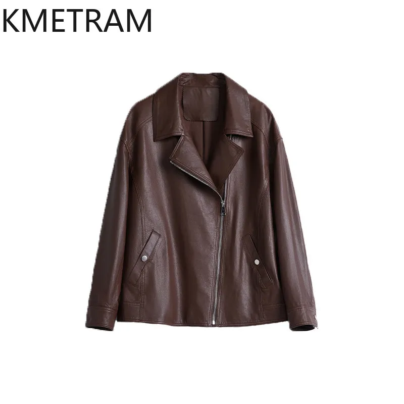 KMETRAM Vintage Vegetable Tanned Sheepskin Biker Leather Coat Genuine Leather Jacket Woman Crop Jackets of Woman Loose Jaqueta