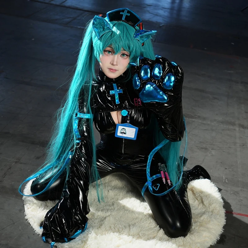 Anime Miku Cosplay Costume Women Sexy Leather Nurse Jumpsuit Outfits kawaii Bunny Girl Uniform