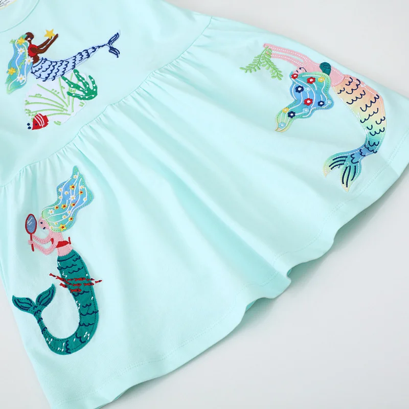 Jumping Meters 2-7T Summer Girls Dresses Mermaid Embroidery  Short Sleeve Birthday Party Children\'s Clothes Toddler Wear