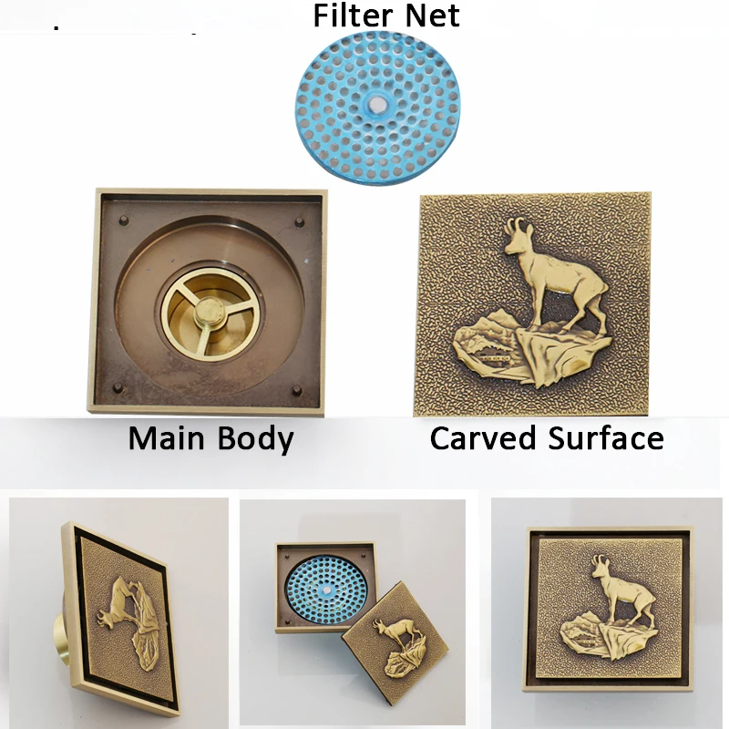 KEMAIDI 10cm Floor Drains Antique Brass Shower Floor Drain Bathroom Deodorant Euro Square Floor Drain Strainer Cover Grate Waste