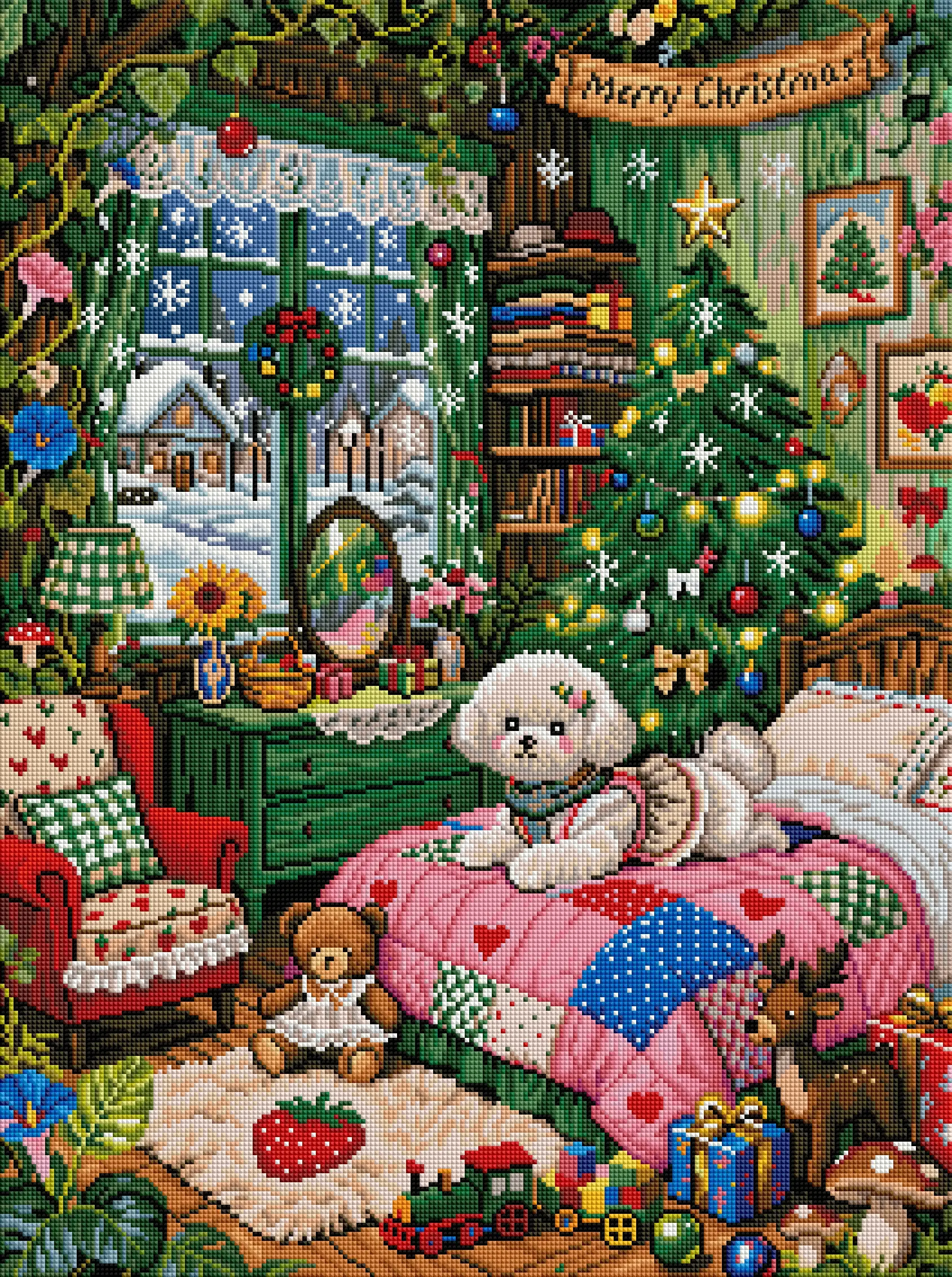 FOREVERYOUNG 5D Diamond Painting Kit, Bichon Christmas House 52×70cm, Square Resin+AB+Fairy Dust Drill, Flocking Canvas DIY.