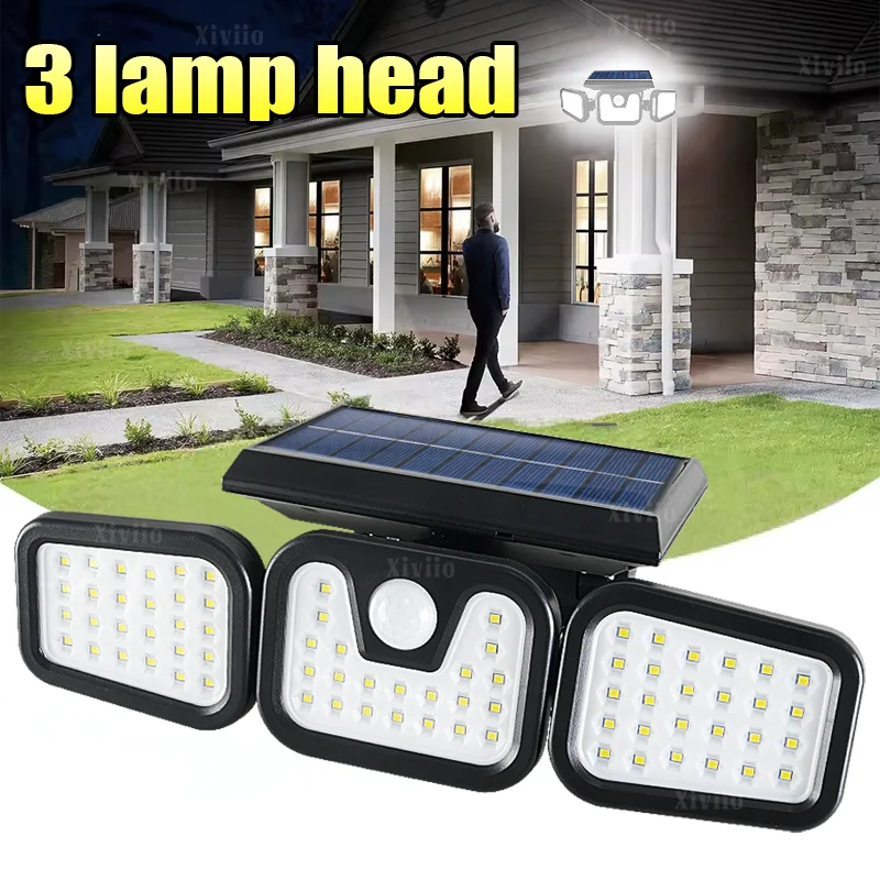 Super Bright Outdoor Three Head Solar Light 74 LED Motion Sensor Street Light Solar Flood Security Lamp for Backyard Yard Patio
