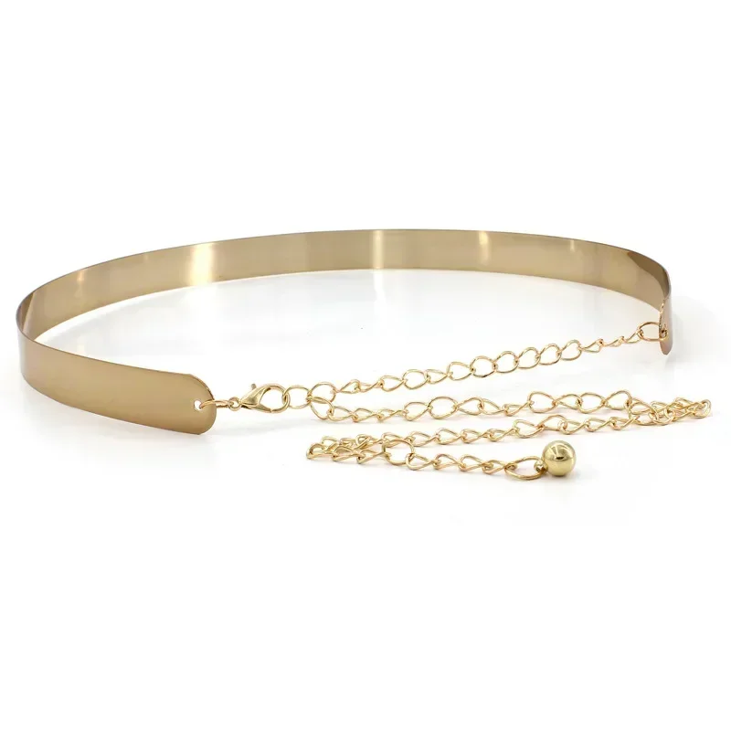 New Women Adjustable Metal Designer Belt Fashion Ladies Dress Luxury Bling Gold Silver Mirror Vintage Waistband with Waist Chain