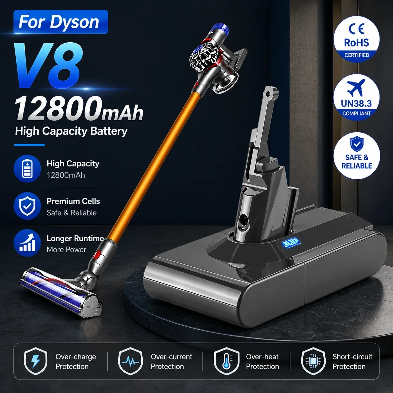 Batteria da 12800 mAh e 21,6 V per aspirapolvere Dyson V8, compatibile con i modelli Dyson V8 Absolute, Fluffy e Animal. Batteria ricaricabile agli ioni di litio, modello 18650.